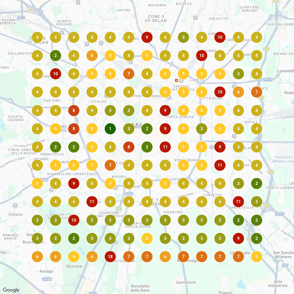 Scansione geogrid del 17 gennaio 2025: la griglia vira al giallo e compaiono i primi punti verdi nel centro di Milano.