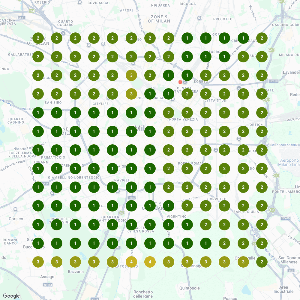 Scansione geogrid del 12 marzo 2025: griglia quasi interamente verde, primi 3 risultati nel 98,8% dell'area scansionata di Milano.